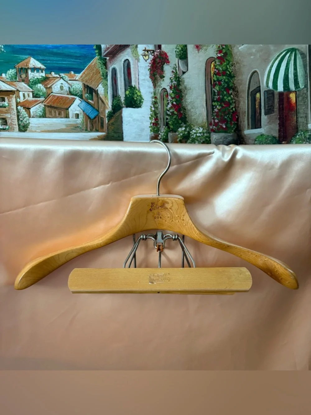Vintage USA wooden Setwell clothing hanger with clamp
